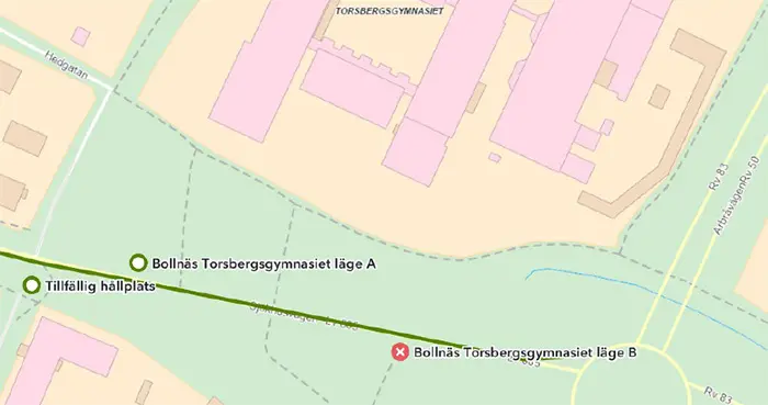 Kartbild vid busshållplatserna vid Torsbergsgymnasiet.