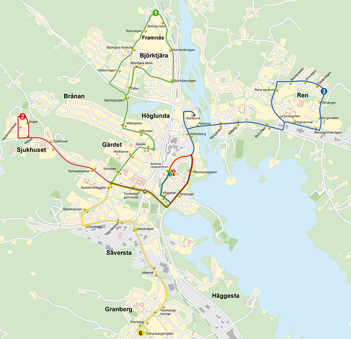 Karta med bussarnas stadslinjenät.