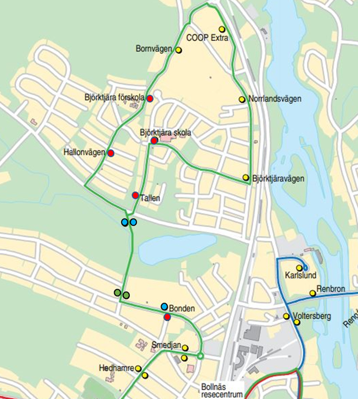 Nya och ombyggda hållplatser markerade på en kartbild över Björktjära.