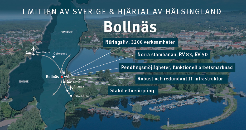 Karta över Sverige, med Bollnäs utpekat som hjärtat av Hälsingland