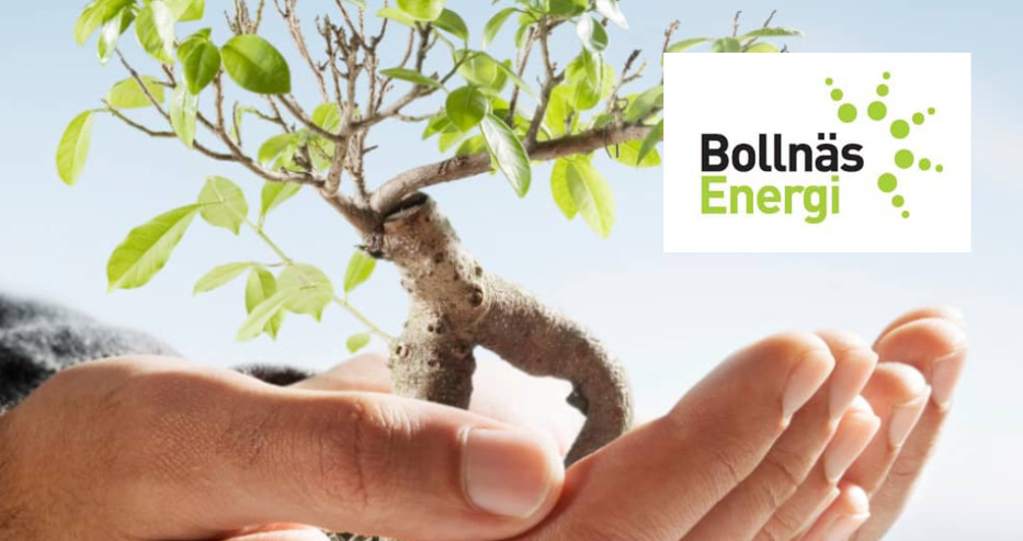 Hand som håller i ett träd samt Bollnäs Energis logotype