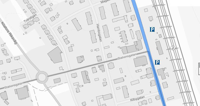 Kartbild över Kilafors med Polgatan markerad.