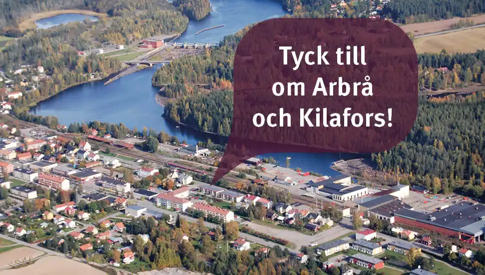 Flygfoto med texten tyck till om Arbrå och Kilafors