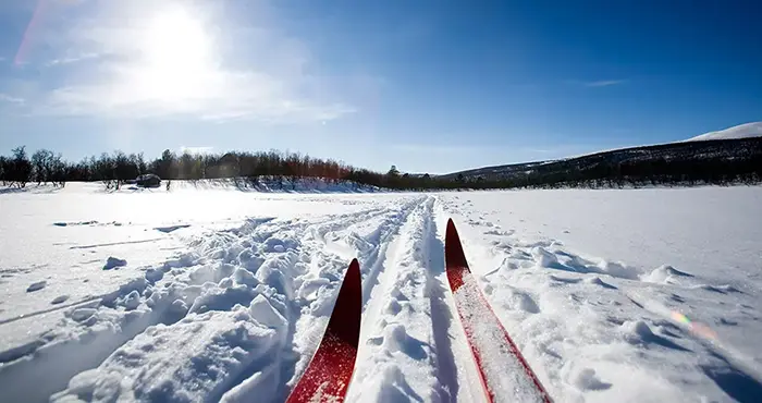 Skidor i skidspår i motsol