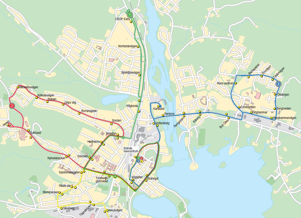 Kartbild över stadsbussarnas linjer