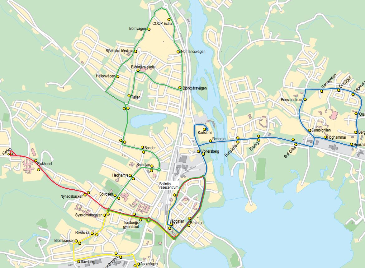 Karta över stadslinjebussarnas sträckningar.