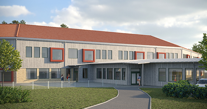 3D-illustration av nya skolan på Ren