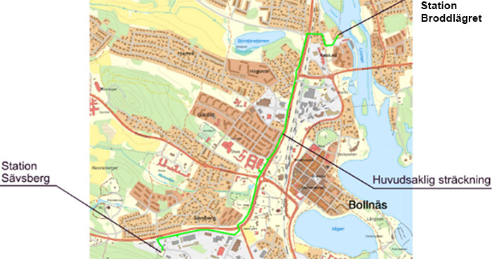 Karta över Bollnäs stad med en utmärkt sträckning där Ellevio ska gräva.