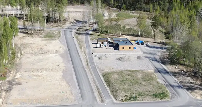 Flygbild över nya villaområdet på Ren